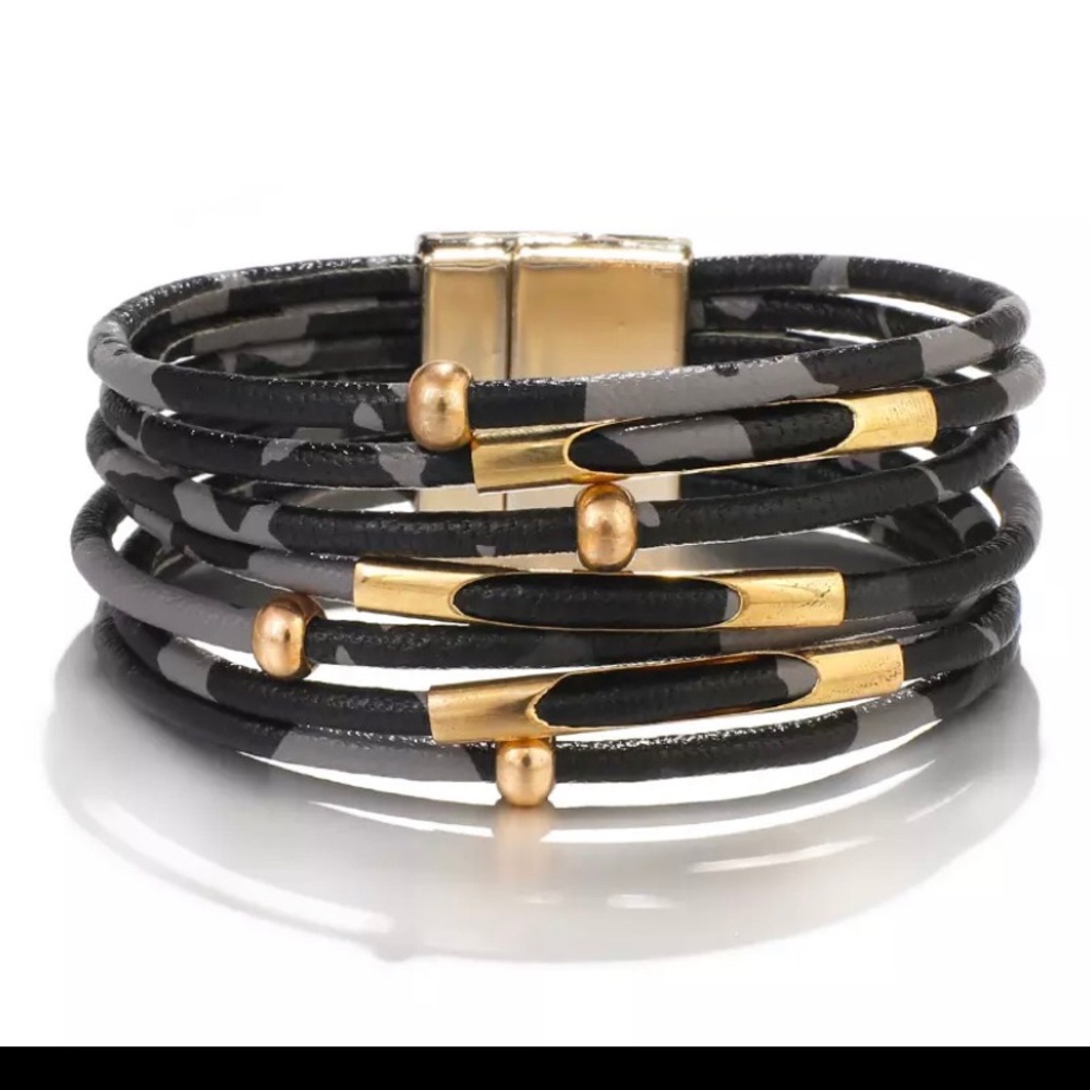 NWT Leather Black Leopard & Gold Bead Bracelet